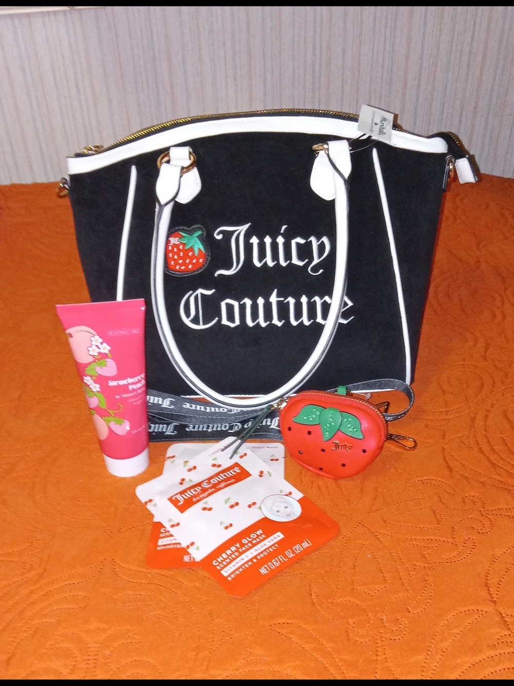 Womens Juicy Couture Black & White Tote with Strawberry Accent And Extras